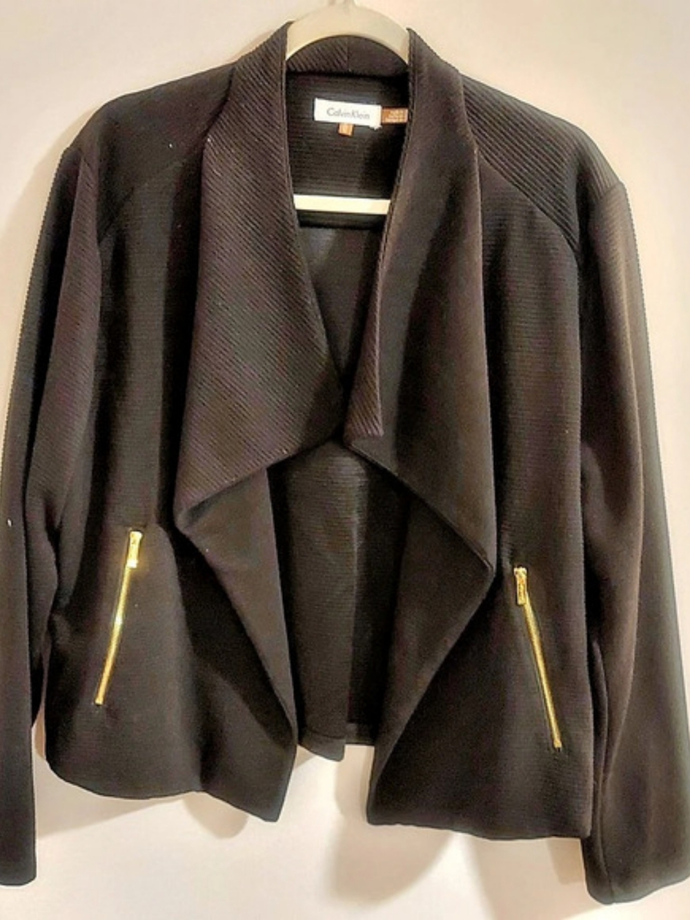 Calvin Klein Open Front Drape Blazer with Gold Zipper Pockets Black Size XL